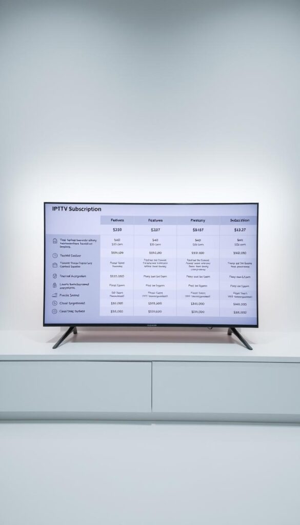 A neatly arranged display of IPTV subscription plans and pricing options, presented on a sleek, minimalist interface. The foreground features large, bold text outlining the various subscription tiers offered by the Hoxtoon Provider, with clear delineation between each plan's features and pricing. The middle ground showcases simple, yet informative icons and visual cues, guiding the viewer through the different service levels. The background maintains a clean, neutral tone, allowing the subscription details to take center stage. Soft, directional lighting illuminates the scene, creating a sense of clarity and professionalism. The overall composition conveys a comprehensive, user-friendly presentation of the Hoxtoon Provider's IPTV subscription plans.