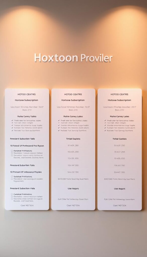 A neatly arranged grid showcasing the different HOXTOON Subscription Plans, with a sleek and modern aesthetic. The plans are presented in a clear and concise manner, highlighting the features, pricing, and duration of each subscription tier. The Hoxtoon Provider brand is prominently displayed at the top, conveying a sense of professionalism and reliability. The image is bathed in a soft, warm lighting, creating a welcoming and inviting atmosphere. The overall design is clean, minimalist, and visually appealing, making it easy for the viewer to quickly grasp the key information about the subscription options.