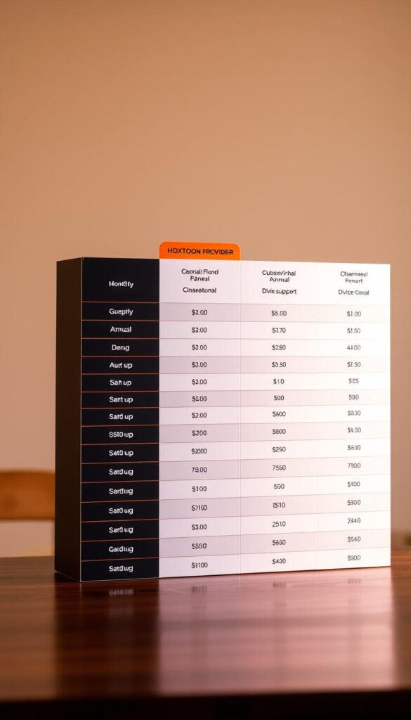 A neatly arranged table showcasing the Hoxtoon Provider subscription plans, illuminated by warm, diffused lighting to convey a sense of professionalism and reliability. The table features distinct columns outlining the plan names, monthly/annual pricing, channel count, and device support, presented in a clean, easy-to-read layout. The background is a subtly blurred, neutral-toned setting, placing the focus on the table and highlighting the information. The overall composition exudes a balanced, informative, and visually appealing atmosphere, reflecting the credibility and versatility of the Hoxtoon Provider IPTV service.