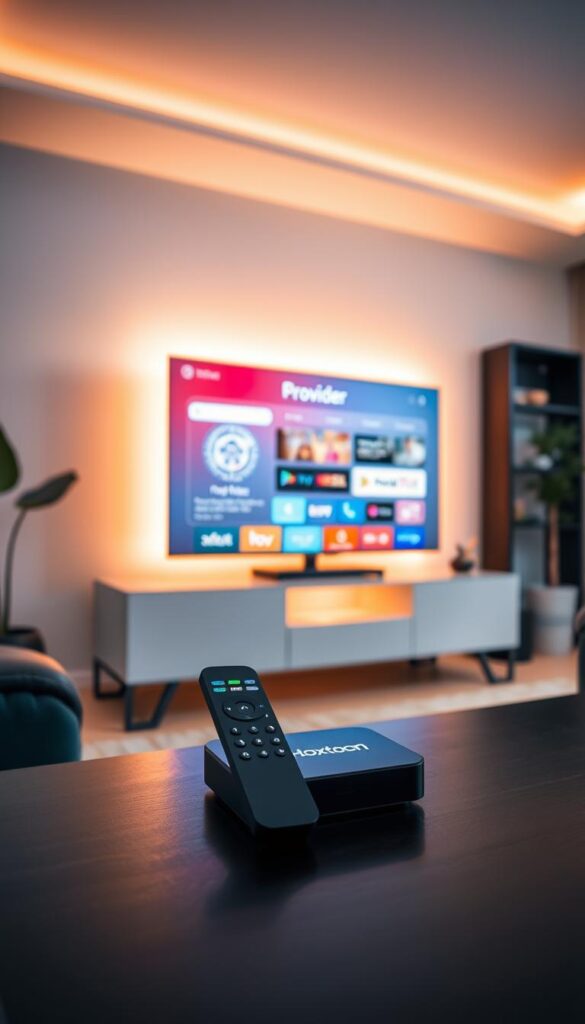 A neatly organized home entertainment setup, with a smart TV displaying the Hoxtoon Provider interface. The TV sits on a modern media console, bathed in warm, ambient lighting that sets a cozy mood. In the foreground, a sleek remote control and a streaming device, likely a Hoxtoon set-top box, are placed intentionally, suggesting the ease of setting up and using the Hoxtoon IPTV service. The background features a minimalist, tastefully decorated living room, hinting at the seamless integration of the Hoxtoon system into a modern, connected home environment.