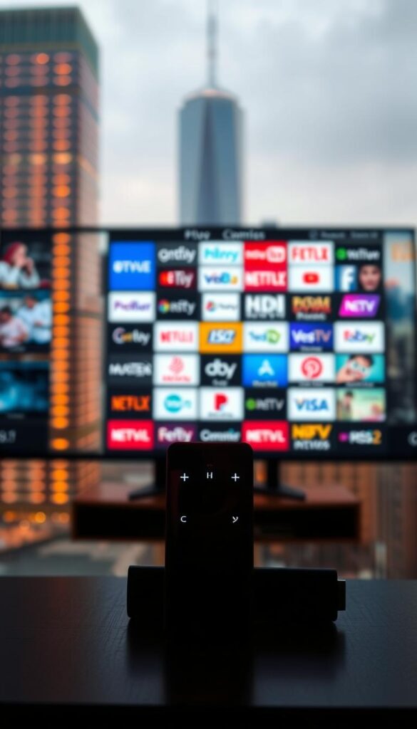 A neon-lit firestick displaying a diverse array of IPTV channels, curated by the Hoxtoon Provider, against a blurred cityscape backdrop. The firestick is centered, casting a warm glow that illuminates the various channel logos and icons. The scene conveys a sense of technological integration and the abundance of entertainment options available through the Hoxtoon IPTV service. The image is captured from a slightly high angle, emphasizing the firestick's prominence and the viewer's ability to access a wealth of content with ease.