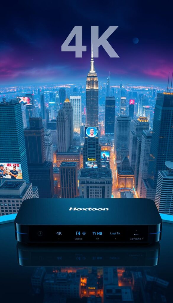A panoramic 4K IPTV service landscape, showcasing a bustling cityscape with towering skyscrapers and satellite dishes adorning their rooftops. In the foreground, a sleek, modern device emblazoned with the "Hoxtoon Provider" logo takes center stage, its intuitive interface and crisp 4K display enticing the viewer. The middle ground is filled with a diverse array of content streams, ranging from live news broadcasts to sports events and cinematic masterpieces, all rendered in stunning ultra-high definition. The background is a vibrant, neon-lit nightscape, reflecting the ever-evolving world of IPTV and the endless entertainment possibilities it offers.