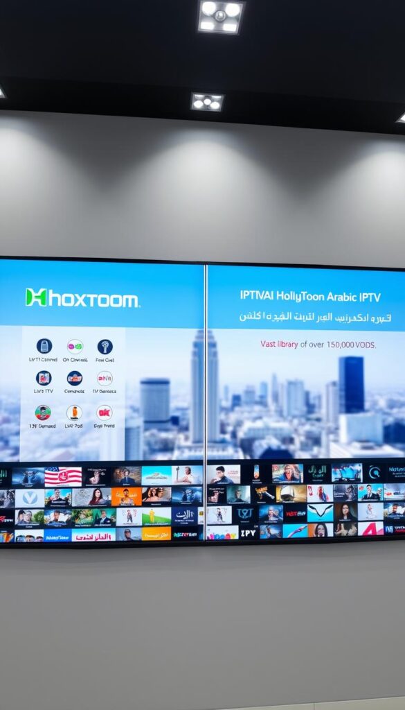 A panoramic view of a digital display showcasing a side-by-side comparison of the Hoxtoon Provider and competing Arabic IPTV services. The foreground features prominently placed logos and branding for Hoxtoon Provider, alongside sleek icons representing various IPTV features such as live TV channels, on-demand content, and device compatibility. The middle ground depicts neatly arranged rows of content thumbnails, highlighting the vast library of over 150,000 VODs available on the Hoxtoon platform. The background is a softly blurred cityscape, evoking a sense of modern technology and global connectivity. The lighting is clean and professional, with a balanced contrast that accentuates the visual elements. The overall composition conveys a sense of authority, quality, and the comprehensive offering of the Hoxtoon Provider in the Arabic IPTV market.