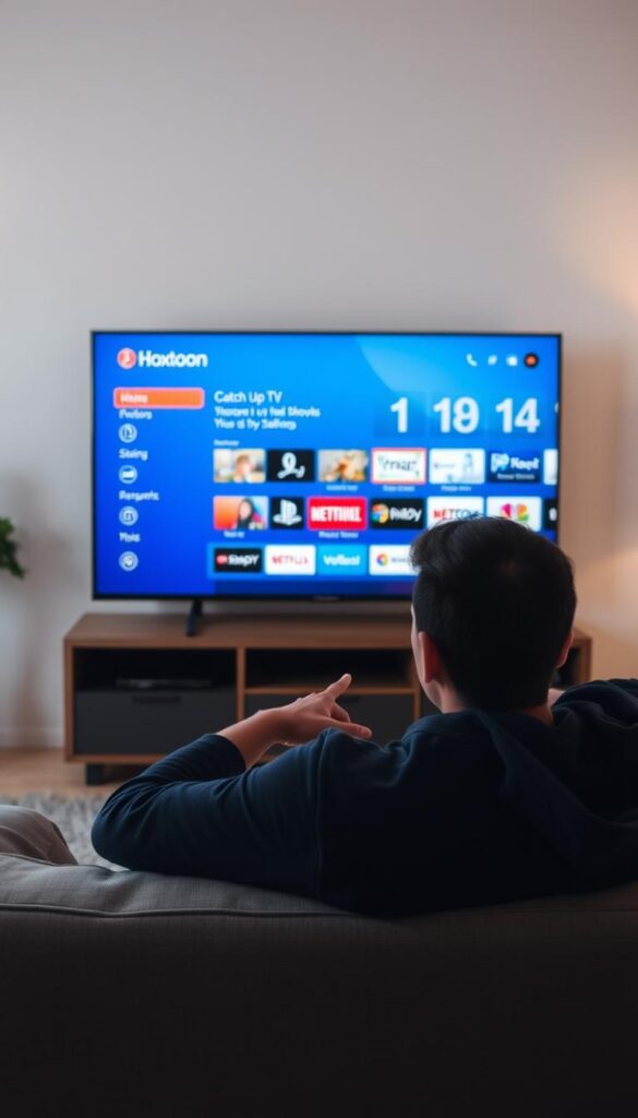 A person sitting on a comfortable couch, intently watching a large HDTV display. The TV screen shows a crisp, high-quality image of the Hoxtoon Provider user interface, with a variety of catch-up TV options. The room is softly lit, creating a relaxed, cozy atmosphere. The viewer's expression conveys a sense of focused engagement as they navigate the Hoxtoon Provider's catch-up features. The composition emphasizes the centrality of the TV screen, with the viewer's silhouette in the foreground providing a sense of scale and context. The scene evokes the experience of seamlessly catching up on missed TV shows through the convenience of an IPTV service like Hoxtoon Provider.