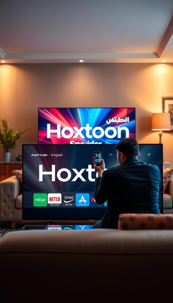 A photorealistic image of an Arabic IPTV subscription service, prominently featuring the "Hoxtoon Provider" brand name. The scene depicts a modern living room setting, with a large television screen in the foreground displaying a vibrant, high-quality IPTV interface. In the middle ground, a person is seated comfortably on a plush sofa, interacting with a mobile device, likely managing their Hoxtoon IPTV subscription. The background features tasteful decor and warm, directional lighting that creates a cozy, inviting atmosphere. The overall composition conveys a sense of satisfaction and seamless integration of the Hoxtoon IPTV service into the user's daily life.