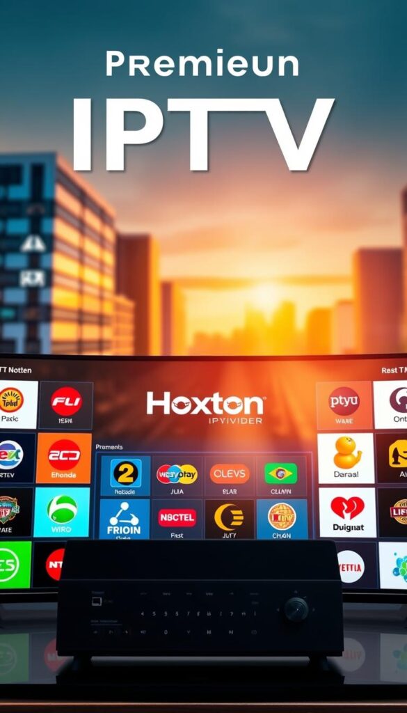 A premium IPTV service with the Hoxtoon Provider brand, showcasing a vibrant and diverse selection of channels. The foreground displays various channel icons and logos, each with a polished, high-quality appearance. The middle ground features a sleek, modern interface with intuitive navigation controls, highlighting the user-friendly experience. In the background, a soft, blurred cityscape sets the scene, conveying a sense of urban sophistication. The lighting is warm and inviting, creating a premium, high-end atmosphere. The overall composition emphasizes the comprehensive, premium nature of the IPTV service, conveying a sense of exclusivity and luxury.