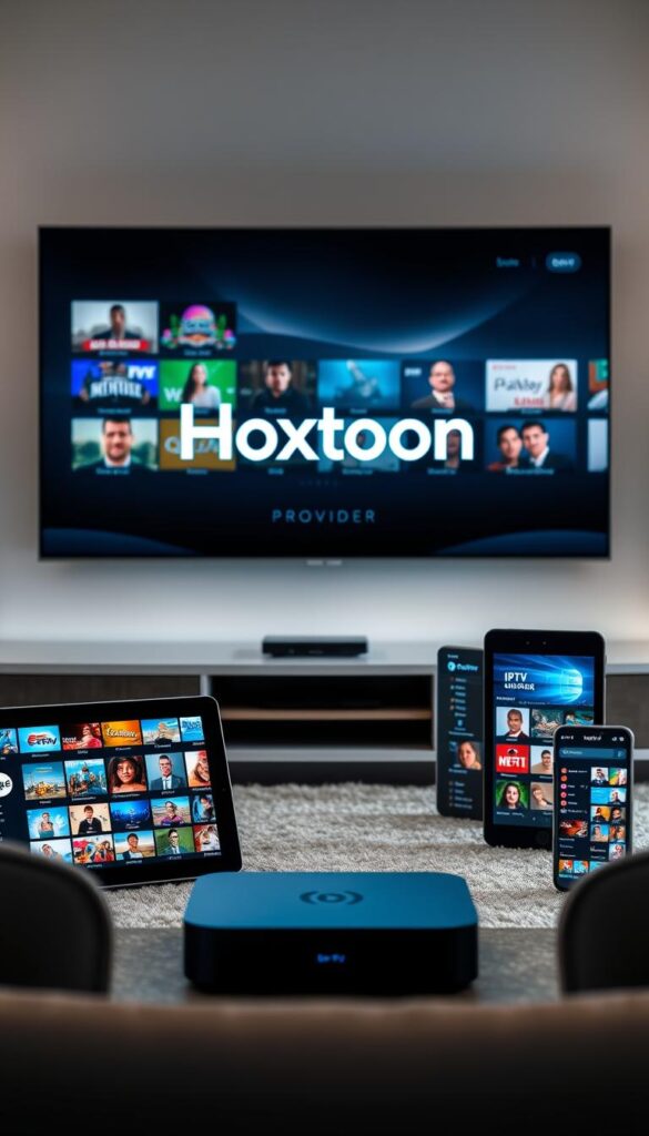 A premium IPTV streaming setup with the Hoxtoon Provider brand displayed prominently. The foreground features various smart devices like a TV, tablet, and smartphone, all showcasing a diverse selection of high-quality IPTV channels. The middle ground shows the Hoxtoon logo and branding, with a sleek, modern design aesthetic. The background blends a soft, gradient-based environment with hints of technology, conveying a sense of an elevated, professional streaming experience. The lighting is soft and diffused, creating a visually appealing and cohesive scene. The overall mood is one of sophistication, seamlessness, and the promise of premium IPTV content at your fingertips.