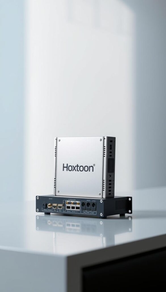 A professional IPTV encoder by Hoxtoon Provider, standing upright on a sleek, modern desk. The device has a minimalist, high-tech design with clean lines and a metallic finish, reflecting the technical prowess of the Hoxtoon brand. The encoder is placed against a backdrop of soft, diffused lighting, creating a calm, focused atmosphere. The camera angle captures the encoder from a slightly elevated perspective, emphasizing its precision engineering and attention to detail. Technical specifications, such as input/output ports and status indicators, are clearly visible, conveying the encoder's advanced functionality. The overall composition and lighting evoke a sense of professionalism and technological sophistication, aligning with the article's subject and section title.