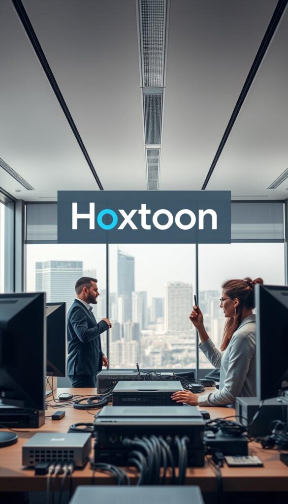 A professional IPTV service provider with the Hoxtoon brand logo prominently displayed in the center. The scene shows a modern office interior with sleek, minimalist design, floor-to-ceiling windows, and high-tech equipment. In the foreground, a customer service representative is assisting a client, conveying a sense of reliable and attentive support. The middle ground features various networking devices and cables, suggesting a robust and secure infrastructure. The background showcases a cityscape, indicating the provider's wide geographical reach and service availability. The overall mood is one of professionalism, efficiency, and a commitment to customer satisfaction.
