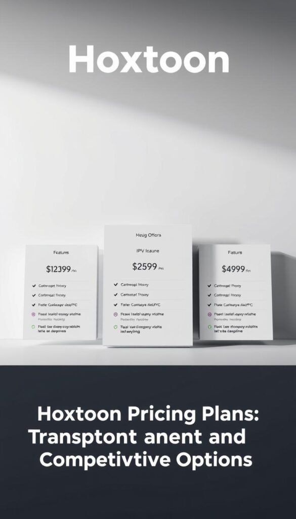 A professional and minimalist image of IPTV subscription plans offered by the Hoxtoon Provider. The foreground features a sleek, modern table display with three plan options, each showcasing their respective pricing, features, and benefits in a clean, organized manner. The middle ground has a subtle background gradient, creating a sense of depth and emphasizing the plans. The lighting is soft and diffused, highlighting the details of the plans without harsh shadows. The overall mood is one of clarity, professionalism, and transparency, reflecting the section title "Hoxtoon Pricing Plans: Transparent and Competitive Options".