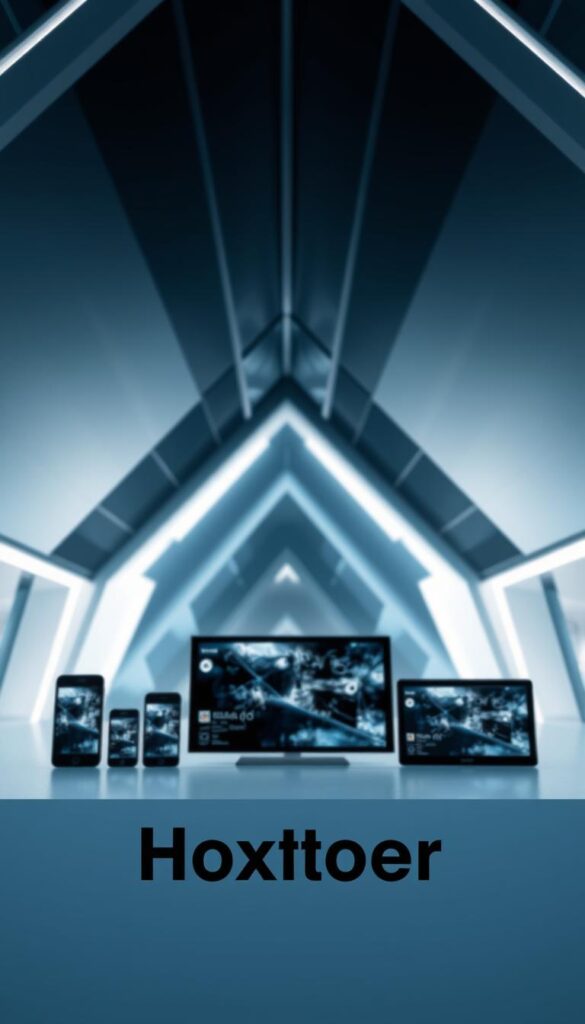 A professional and reliable IPTV provider offering seamless streaming on multiple devices. The foreground features the Hoxtoon Provider logo in a clean, minimalist design, conveying a sense of trustworthiness and dependability. The middle ground showcases various streaming-capable devices - smartphones, tablets, and smart TVs - representing the broad device compatibility. The background depicts a modern, high-tech environment with sleek, angular architectural elements and subtle lighting effects, creating an atmosphere of advanced technology and cutting-edge services. The overall composition exudes a mood of efficiency, convenience, and the reliable performance expected from a top-tier IPTV provider.