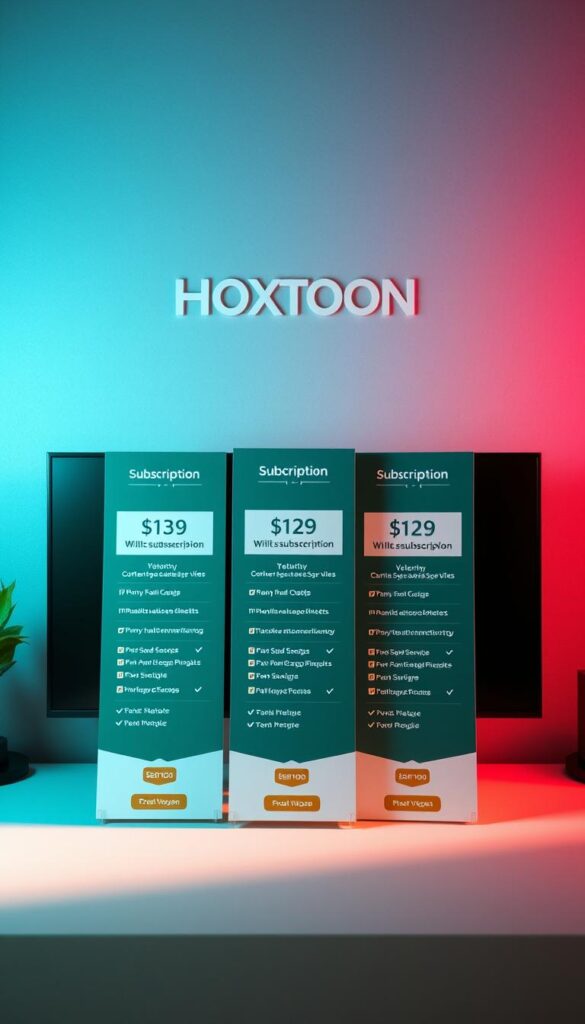 A professional and visually appealing IPTV subscription plan layout featuring the Hoxtoon Provider brand. The foreground showcases three distinct subscription tiers with clear pricing, features, and benefits. The middle ground highlights the provider's logo, branding, and accents. The background features a sophisticated gradient with a subtle texture, creating a sense of depth and sophistication. The lighting is soft and directional, highlighting the key elements. The overall composition is balanced, with a clean and modern aesthetic that reflects the Hoxtoon IPTV service.