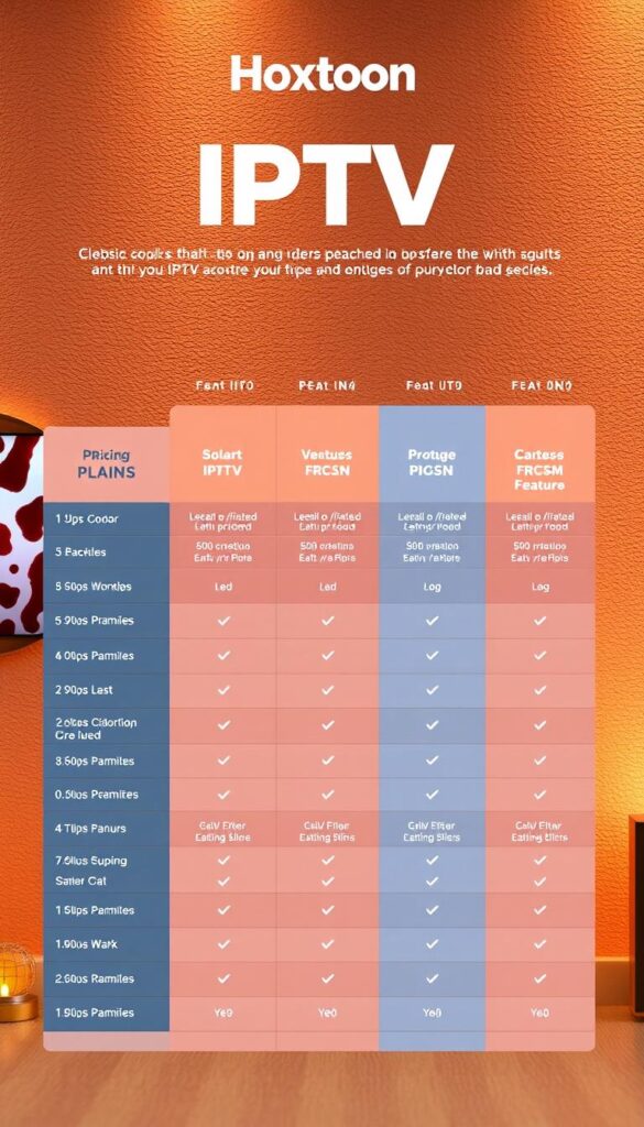 A professional and visually appealing comparison of IPTV pricing plans from the Hoxtoon Provider, showcasing their diverse package options. A clean, minimalist table layout in a warm, inviting color palette, with clear delineation of the plans, features, and costs. The foreground highlights the core plan details, while the background features subtle textural elements and soft lighting to create a sense of depth and elegance. The overall composition conveys a sense of authority, trust, and attention to detail, reflecting the high-quality service offered by the Hoxtoon Provider.