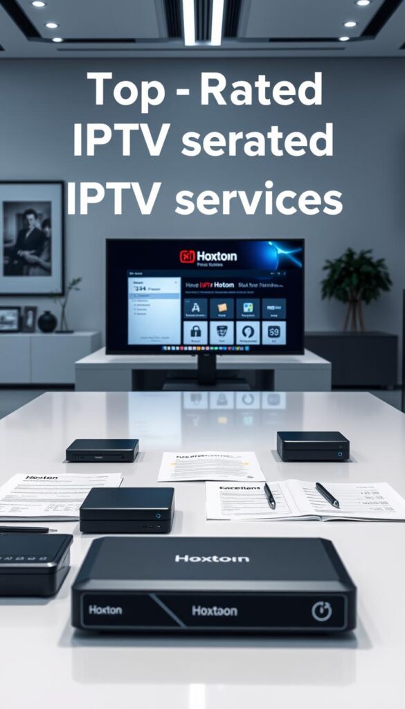 A professional comparison of the top-rated IPTV services, showcasing the features and benefits of the Hoxtoon Provider in the foreground. The scene is set in a modern, minimalist office environment, with a sleek desk, a high-resolution monitor displaying service details, and clean lighting accentuating the minimalist aesthetic. The middle ground features neatly arranged documents and devices, emphasizing the organizational aspects of the IPTV service evaluation. The background subtly suggests a corporate setting, with tasteful artwork and a hint of cityscape visible through a window. The overall mood is one of authority, professionalism, and attention to detail, reflecting the rigorous analysis of the IPTV services.