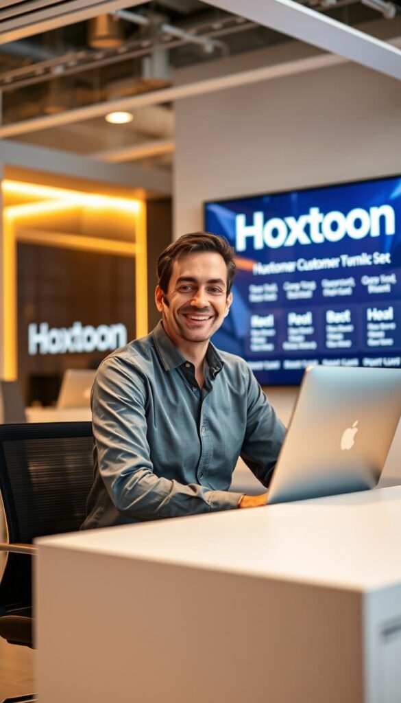 A professional, courteous customer service agent at the Hoxtoon Provider headquarters, sitting at a sleek, minimalist desk in a bright, modern office space. Warm, indirect lighting casts a subtle glow, creating a welcoming atmosphere. The agent is dressed in a crisp, button-up shirt and smiling warmly, ready to assist customers with any inquiries or concerns. In the background, a large, high-resolution display showcases the Hoxtoon Provider brand and service offerings. The overall scene conveys a sense of professionalism, reliability, and a commitment to exceptional customer support.