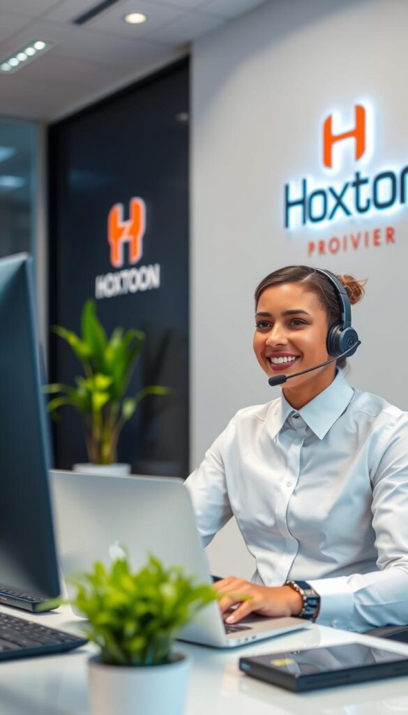 A professional customer service representative at the Hoxtoon Provider IPTV company, sitting at a desk in a well-lit modern office. The agent is dressed in a crisp white shirt and navy blue tie, with a warm, friendly expression as they assist a customer on a high-quality headset. The background features the Hoxtoon Provider logo prominently displayed on the wall, conveying a sense of quality and reliability. The overall scene exudes professionalism, attention to detail, and a commitment to superior customer service.