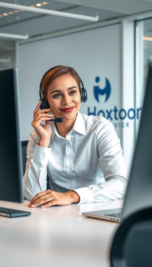 A professional customer service representative from the Hoxtoon Provider IPTV company sits at a modern desk, calmly assisting a customer over the phone. The office environment is bright and airy, with large windows and sleek, minimalist decor. The agent wears a crisp, collared shirt and speaks into a high-quality headset, exuding a sense of competence and reliability. The background showcases the Hoxtoon Provider logo, subtly reinforcing the brand identity. The overall mood is one of efficiency, professionalism, and a commitment to customer satisfaction.
