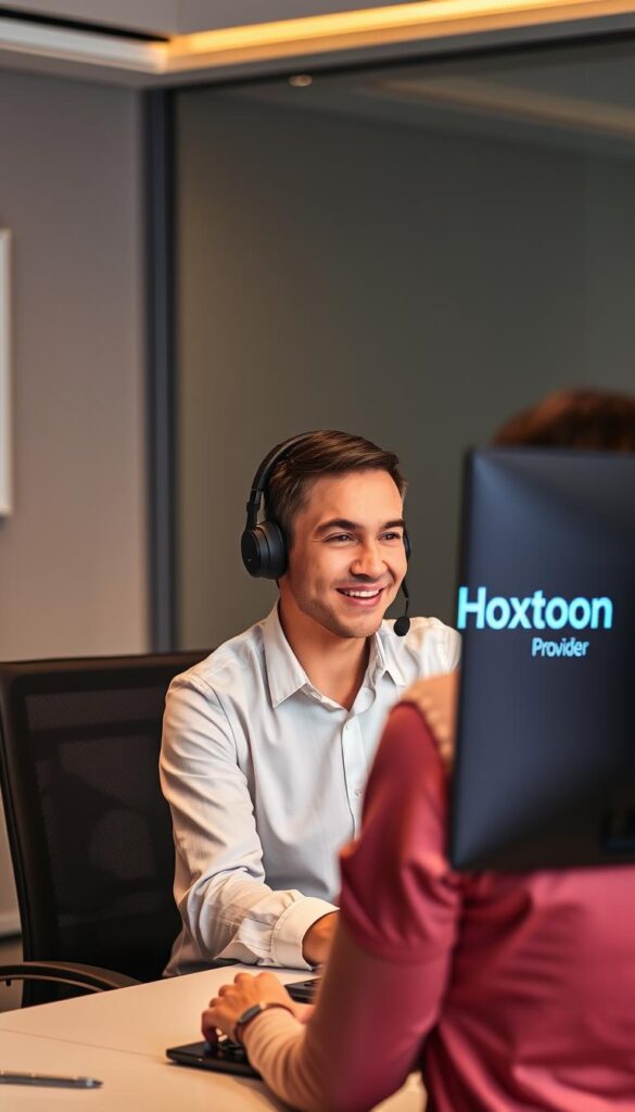 A professional customer service representative in a modern office, sitting at a desk and intently assisting an IPTV subscriber on a video call. The Hoxtoon Provider logo is prominently displayed on the computer monitor. Warm, inviting lighting illuminates the scene, creating a welcoming atmosphere. The representative's facial expression conveys a friendly, knowledgeable, and helpful demeanor. The background features minimalist decor, suggesting a dedicated technical support environment. The composition emphasizes the interaction between the customer service agent and the subscriber, highlighting the Hoxtoon Provider's commitment to customer satisfaction.