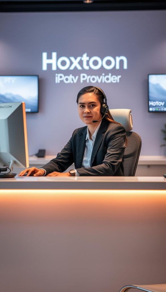 A professional customer service representative of the Hoxtoon Provider IPTV company seated at a sleek, modern desk, surrounded by state-of-the-art computer equipment and high-resolution displays. The agent appears calm and attentive, ready to assist customers with any inquiries or issues. Soft, warm lighting illuminates the scene, creating a welcoming and reassuring atmosphere. The background features the Hoxtoon Provider branding, subtly reinforcing the company's commitment to exceptional customer support and service reliability.