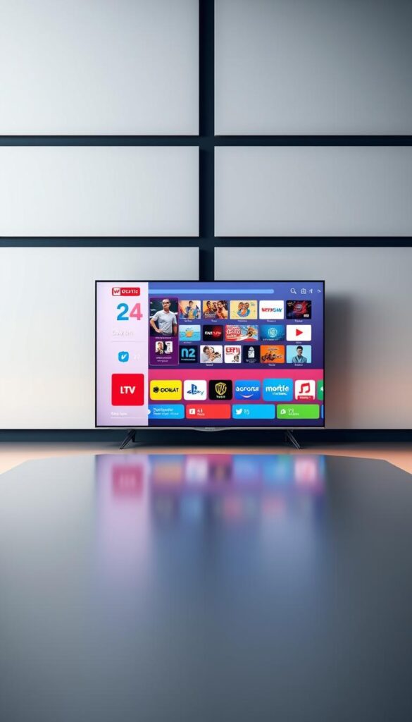 A professional, high-quality IPTV service for Hoxtoon Provider, showcasing a sleek and modern design. The image depicts a clean, minimalist interface with easy-to-navigate menus, highlighting the user-friendly experience. In the foreground, a large, vibrant screen displays a diverse range of live TV channels and on-demand content, reflecting the comprehensive library offered by Hoxtoon. The middle ground features a smooth, reflective surface, creating a sense of depth and sophistication. The background is a neutral, gradient-based color scheme, allowing the IPTV interface to take center stage. The overall atmosphere conveys a sense of reliability, efficiency, and a premium service tailored to the discerning IPTV user.