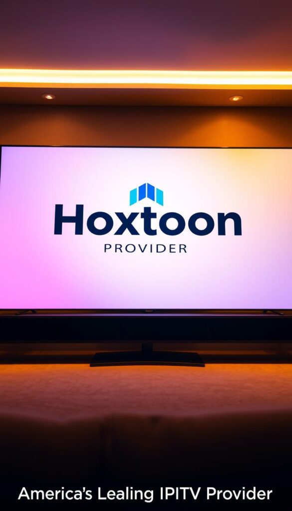 A professional, high-quality image of the "Hoxtoon Provider" IPTV service logo and branding, showcased in a modern, minimalist design. The logo is prominently displayed in the center, with a clean and crisp visual representation. The background features a soft, gradient-based color scheme, complementing the brand's colors and creating a sleek, premium aesthetic. The lighting is warm and directional, adding depth and dimension to the image. The camera angle is slightly elevated, giving the impression of a well-designed, visually appealing product or service. The overall mood is one of sophistication, trustworthiness, and technology-forward innovation, aligning with the "America's Leading IPTV Provider" positioning.