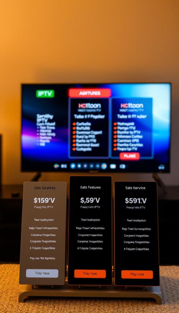 A professional, high-quality image of various IPTV subscription plans offered by the Hoxtoon Provider. The foreground features a clean and modern layout with three distinct pricing tiers, each showcasing the specific features and benefits. The middle ground showcases a sleek and intuitive user interface, highlighting the ease of accessing the IPTV service. The background has a subtle, soft-focus gradient that conveys a sense of premium quality and reliability. Lighting is warm and natural, with a focus on clarity and attention to detail. The overall composition and styling evoke a feeling of professionalism and trustworthiness associated with the Hoxtoon Provider brand.