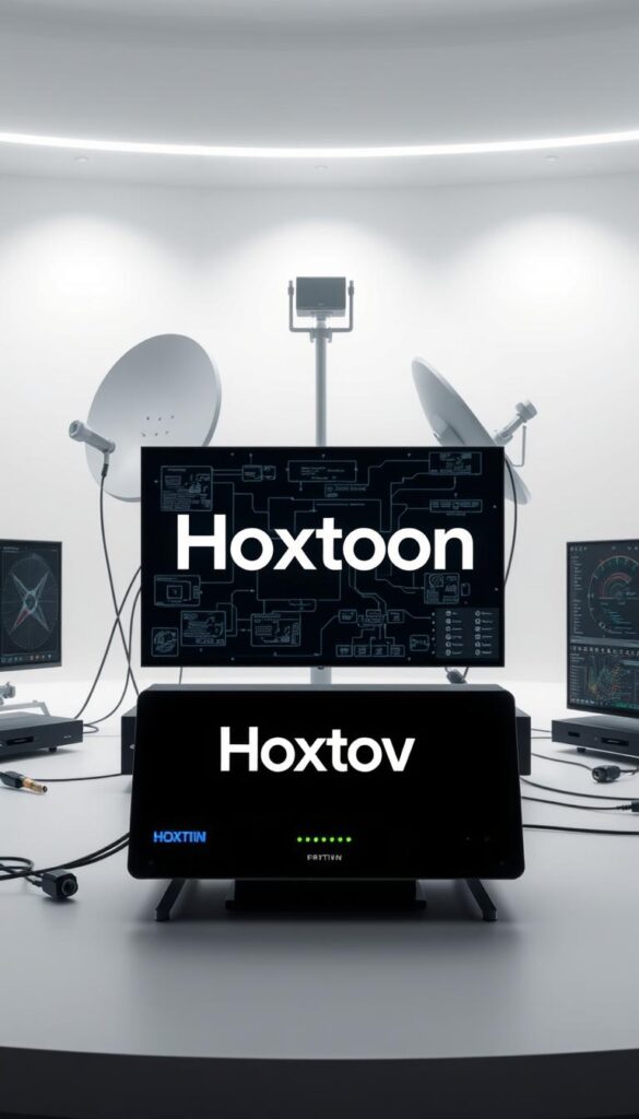 A professional, high-quality image showcasing the technology behind IPTV, with a clean, modern aesthetic. The scene depicts the Hoxtoon Provider brand prominently in the foreground, surrounded by a sleek and minimalist visual representation of IPTV infrastructure, including satellite dishes, cables, and digital interfaces. The background features a clean, white studio setting with subtle lighting and a sense of depth, creating a visually appealing and informative illustration of the IPTV technology and the Hoxtoon Provider brand.