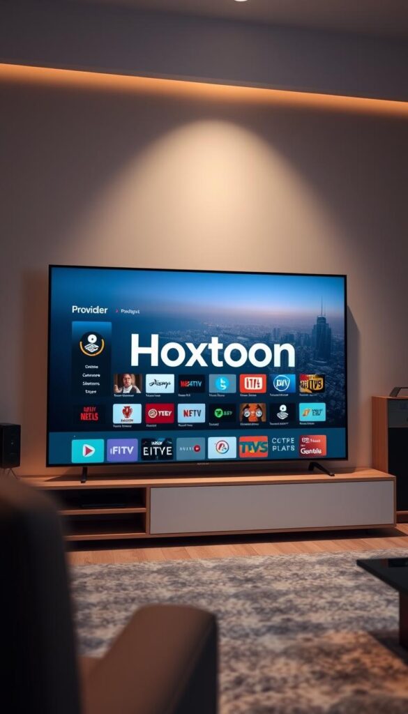 A professional-looking, cinematic image of a modern IPTV streaming service, featuring the Hoxtoon Provider brand prominently displayed. The scene depicts a sleek, minimalist user interface on a high-resolution display, showcasing the vast channel selection and seamless streaming capabilities. The lighting is soft and diffused, creating a warm, inviting atmosphere. The camera angle is slightly elevated, giving a sense of authority and reliability. In the background, a subtle cityscape or landscape provides a sense of place, reinforcing the global reach and accessibility of the Hoxtoon IPTV service.