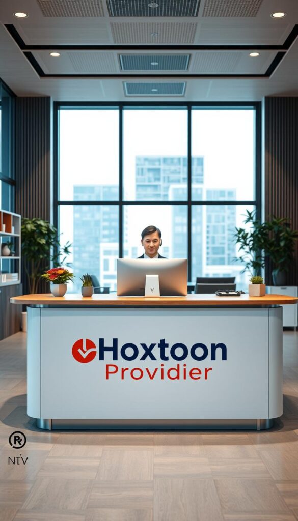 A professional-looking office interior with a customer service desk in the foreground. The desk is adorned with the Hoxtoon Provider logo, signaling this is the customer support area for the IPTV service. Behind the desk, an attentive customer service representative is ready to assist. The middle ground features modern office furnishings and decor, conveying a sense of reliability and professionalism. The background showcases large windows that let in natural light, creating a bright and welcoming atmosphere. The lighting is warm and focused, emphasizing the dedicated customer support. The camera angle is slightly elevated, giving a polished, high-quality feel to the scene.
