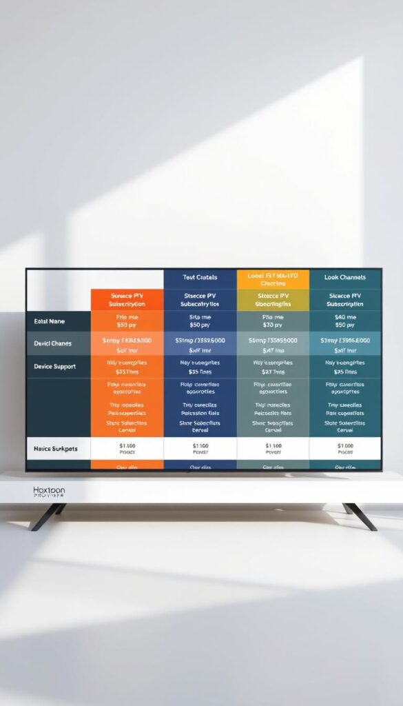 A professional-looking table displaying the various subscription plans offered by Hoxtoon Provider, a leading IPTV service in the USA. The table is set against a clean, minimalist background with a soft, natural lighting that highlights the details. The plans are presented in a clear, organized manner, with key information such as pricing, channels, and device support prominently displayed. The overall composition conveys a sense of reliability and trustworthiness, reflecting Hoxtoon Provider's position as a top-tier IPTV service.