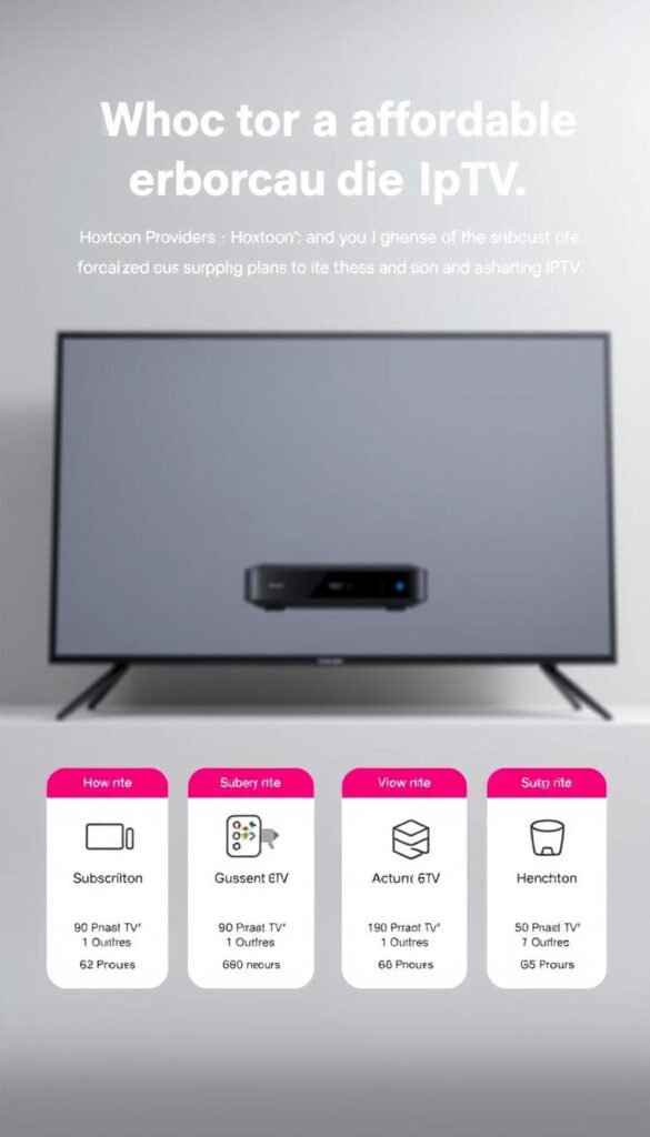 A professional, minimalist product display of Hoxtoon Provider's affordable IPTV plans. The foreground features neatly arranged icons representing various subscription options, with clear pricing details. The middle ground showcases a sleek, modern device, possibly a streaming box or smart TV, highlighting the seamless integration of Hoxtoon's services. The background is a soft, clean gradient, creating a sense of sophistication and simplicity. Subtle lighting accentuates the product's details, while a low, wide camera angle emphasizes the accessible and user-friendly nature of Hoxtoon's IPTV offerings.