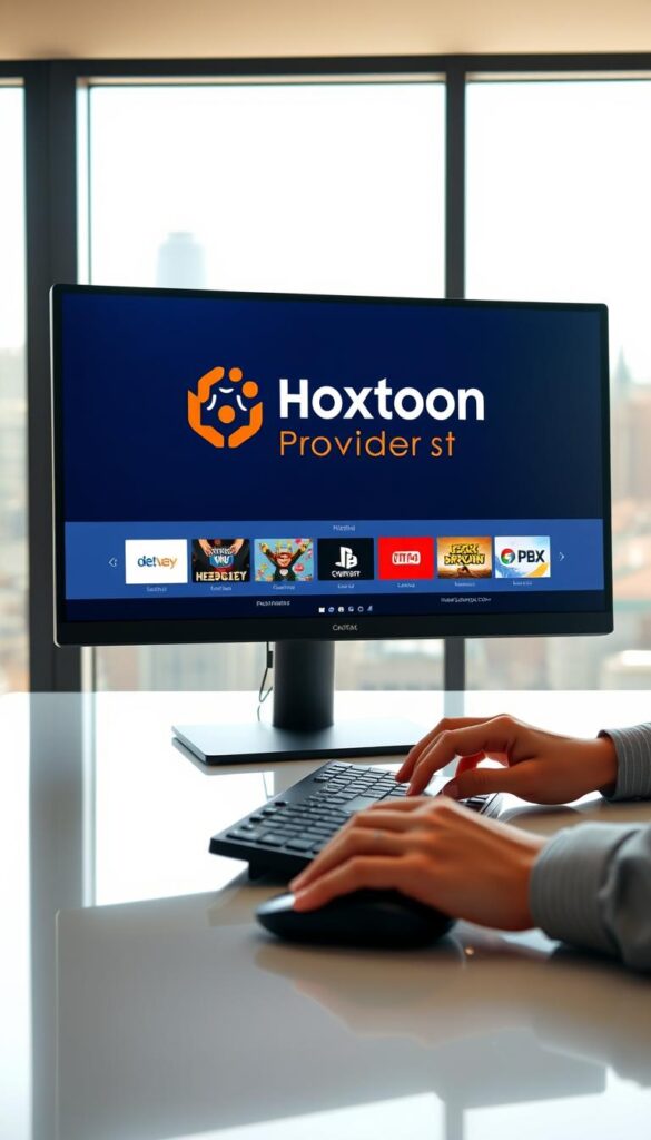 A professional, modern, and minimalist office setting with a large computer monitor displaying the Hoxtoon Provider logo on a sleek desk. The lighting is bright and natural, creating a warm and inviting atmosphere. In the foreground, a person's hands are using a keyboard and mouse, interacting with the Hoxtoon Provider interface. The background features a blurred cityscape through a large window, conveying a sense of urban sophistication. The overall scene exudes a sense of efficiency, reliability, and technological prowess, characteristic of a leading IPTV provider.