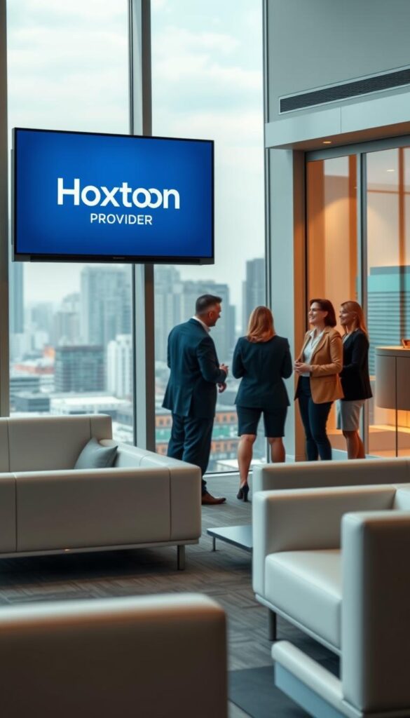 A professional, modern office interior with sleek, minimalist furniture and large windows overlooking a bustling cityscape. In the foreground, a Hoxtoon Provider logo is prominently displayed on a wall-mounted monitor, showcasing the latest IPTV technology. The middle ground features a group of people, dressed in business attire, engaged in a lively discussion about the advantages of Hoxtoon's expansive channel lineup and cross-device compatibility. The background has a warm, inviting ambiance, with subtle lighting and a sense of progress and innovation, reflecting the evolution of IPTV services in the United States.