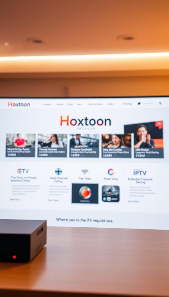 A professional, sleek, and modern website showcasing several reputable IPTV companies. In the foreground, the Hoxtoon Provider logo stands out prominently, its design crisp and eye-catching. The middle ground features detailed information about Hoxtoon's offerings, including their vast channel selection and extensive VOD library. The background depicts a clean, minimalist layout with subtle branding elements, conveying a sense of reliability and trustworthiness. The overall scene is bathed in warm, soft lighting, creating a welcoming and inviting atmosphere. The composition is balanced, with the Hoxtoon Provider branding taking center stage, while the supporting details provide context and emphasize the company's strengths.