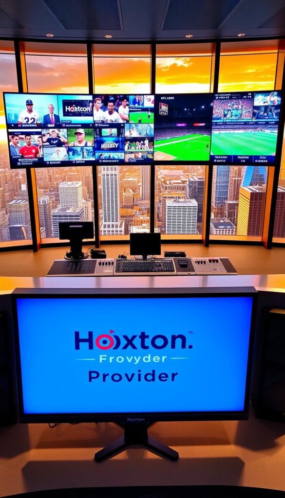 A professional sports broadcasting studio with a large, high-resolution screen displaying various live sports channels. The screen is situated in the foreground, with a sleek, modern control panel and technical equipment in the middle ground. The background features floor-to-ceiling windows overlooking a dynamic cityscape, bathed in warm, golden lighting. The scene conveys a sense of technological sophistication and immersive sports entertainment. The Hoxtoon Provider logo is prominently displayed on the control panel, highlighting its role as a leading IPTV service for sports channels in the USA.