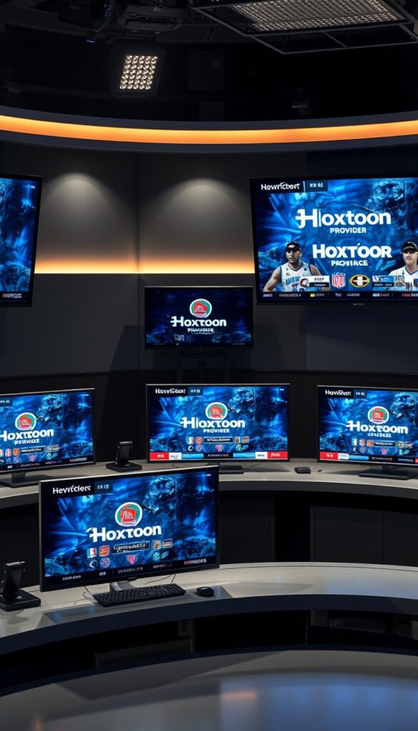 A professional sports studio setting with various TV channel packages prominently displayed on desk surfaces and wall-mounted screens. The packages feature the Hoxtoon Provider brand prominently, along with logos and imagery of popular sports leagues and events. Soft, directional lighting illuminates the scene, creating depth and highlighting the details of the packages. The overall atmosphere conveys a sense of modern, high-quality sports broadcasting, with a focus on the available content and service offerings.