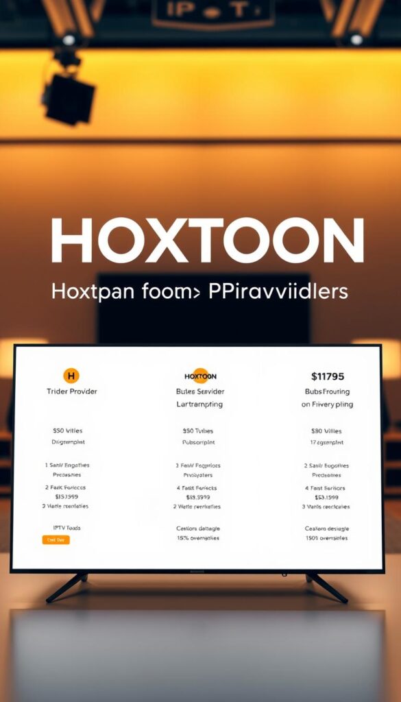 A professional studio interior setting with warm, ambient lighting and a subtle vignette effect. In the foreground, a sleek, modern display showcases the Hoxtoon Provider logo and three tiered subscription plans, each with clear pricing and feature details. The middle ground features elegant typography outlining the plan names and benefits, while the background subtly blurs to emphasize the plans. The overall composition conveys a sense of premium, accessible entertainment, inviting the viewer to explore the affordable IPTV options from Hoxtoon Provider.