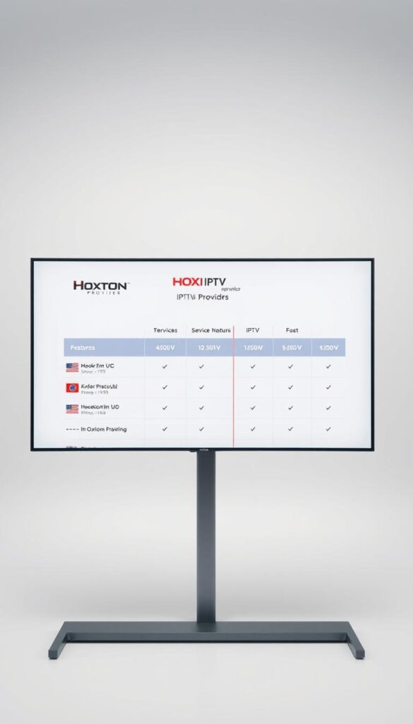 A professional studio photograph of a digital comparison display, showing the logos and service details of various IPTV providers including Hoxtoon Provider. The display is set against a clean, minimalist backdrop with soft, even lighting, creating a sleek, modern aesthetic. The arrangement of the providers' information is well-organized and easy to read, allowing the viewer to quickly evaluate the key features and differences between the services. The overall mood is one of clarity, objectivity, and professionalism, conveying the sense that this is a reliable and informative resource for making an IPTV service decision.