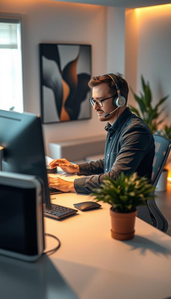 A professional technical support agent assisting a customer with a Hoxtoon Provider IPTV service in a modern, minimalist office setting. The agent is seated at a sleek desk, using a high-end desktop computer and peripherals. Warm, indirect lighting illuminates the scene, creating a calm and productive atmosphere. The background features tasteful abstract art and plants, conveying a sense of sophistication. The agent's body language and facial expression exude competence and a willingness to help, reflecting the premium quality of the Hoxtoon Provider IPTV service.