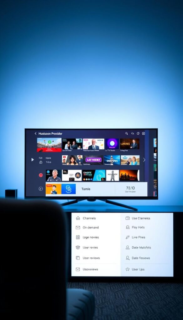 A professional, well-designed user interface showcasing the Hoxtoon Provider IPTV service. The foreground features a sleek, modern TV set displaying a curated selection of live TV channels and on-demand content. The middle ground highlights a clean, intuitive navigation menu with options for browsing channels, movies, and user reviews. The background depicts a subtle, minimalist pattern that evokes a sense of technological sophistication. The overall composition conveys a high-quality, authoritative IPTV platform that delivers a seamless and satisfying user experience. Lighting is natural and balanced, with a slightly cool color temperature. The camera angle is frontal, providing a clear and comprehensive view of the Hoxtoon Provider interface.