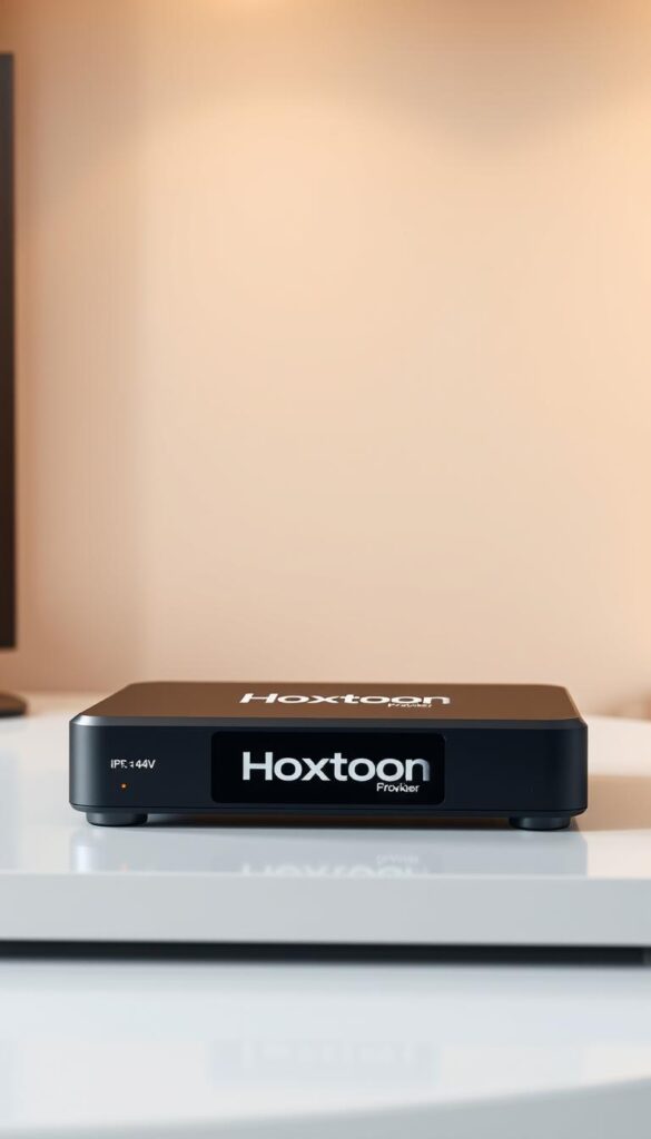A professional, well-lit 3D render of a modern IPTV set-top box with the Hoxtoon Provider logo prominently displayed on the front panel. The device is positioned on a sleek, minimalist desk against a soft, out-of-focus background. The lighting is warm and natural, creating a sense of reliability and trustworthiness. The set-top box is showcased in a way that highlights its 4K capabilities, signifying high-quality streaming performance. The overall composition conveys a sense of an reliable, premium IPTV service.