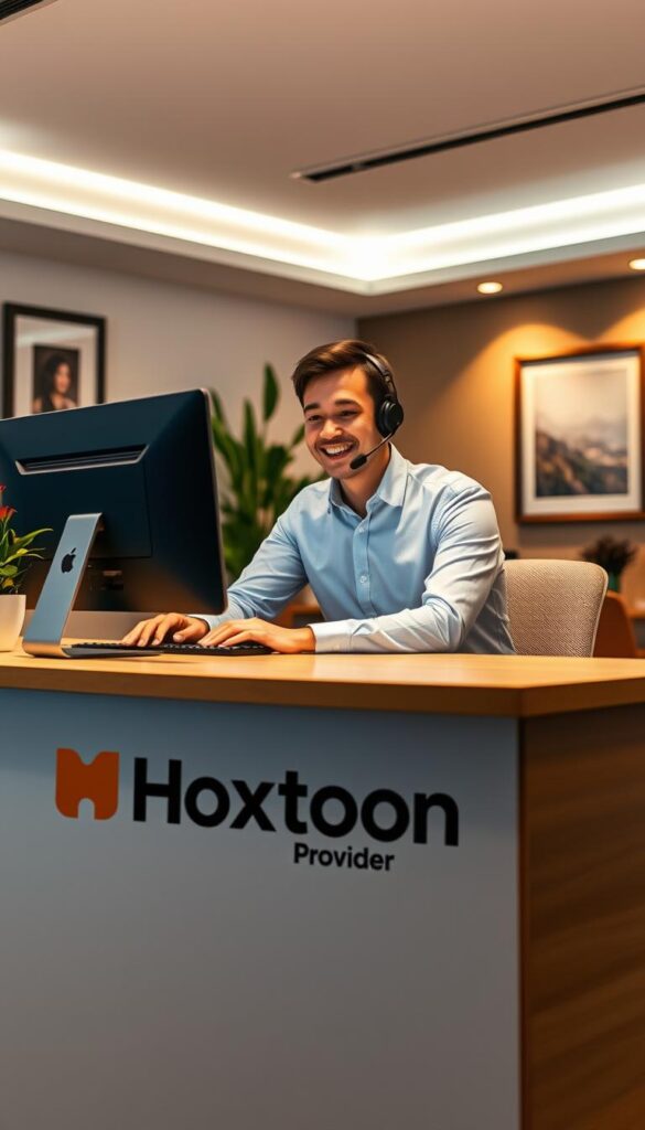 A professional, well-lit customer service desk with a friendly IPTV customer support agent behind it, wearing a headset and typing on a computer. The desk has the "Hoxtoon Provider" logo prominently displayed. The background features a warm, inviting office setting with potted plants, framed artwork, and indirect lighting. The overall atmosphere conveys a sense of competence, reliability, and a commitment to providing excellent technical assistance.