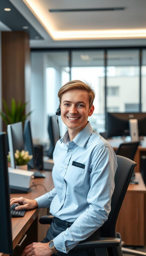 A professional, well-lit customer service office setting with a desk, computer, and phone. In the foreground, a friendly and approachable customer service representative from the Hoxtoon Provider IPTV service, dressed in a smart, collared shirt, smiling and engaged in a conversation. The background features a clean, modern office space with tasteful decor and large windows, conveying a sense of reliability and trustworthiness. Soft, even lighting illuminates the scene, creating a warm and welcoming atmosphere.