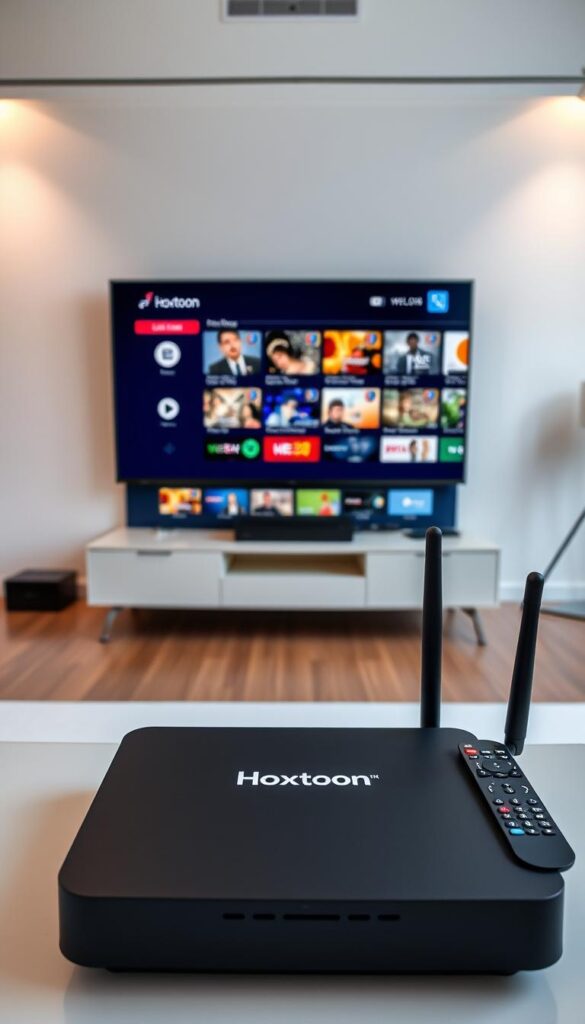 A professional, well-lit studio scene showcasing the reliable IPTV service of Hoxtoon Provider. In the foreground, a modern, sleek set-top box prominently displays the Hoxtoon logo. Alongside it, a remote control and a high-speed internet router, symbolizing the seamless connectivity. The middle ground features a large, high-definition television screen displaying a diverse array of live channels and on-demand content. In the background, a minimalist, yet stylish office setting with clean lines and warm lighting, conveying a sense of professionalism and dependability. The overall mood is one of confidence, technological prowess, and a commitment to providing a premium IPTV experience.