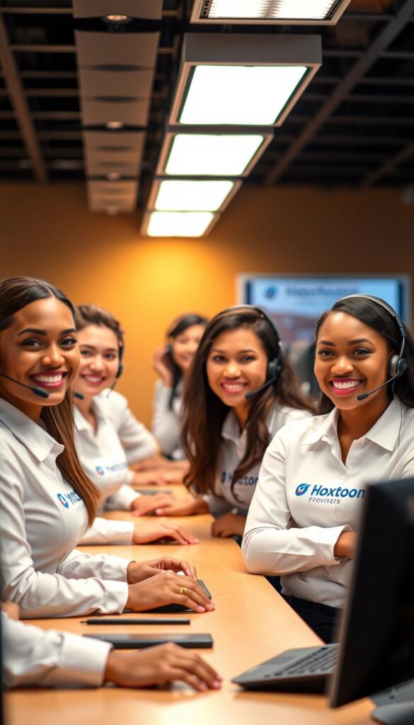 A professional, well-lit studio shot of a group of diverse, smiling customer service representatives in a modern call center setting. The Hoxtoon Provider logo is prominently displayed on their uniforms and the background. The image conveys a sense of reliability, efficiency, and a commitment to delivering a positive customer experience. The lighting is warm and inviting, with a shallow depth of field that keeps the focus on the representatives. The overall mood is one of professionalism, competence, and a dedication to exceptional customer support.
