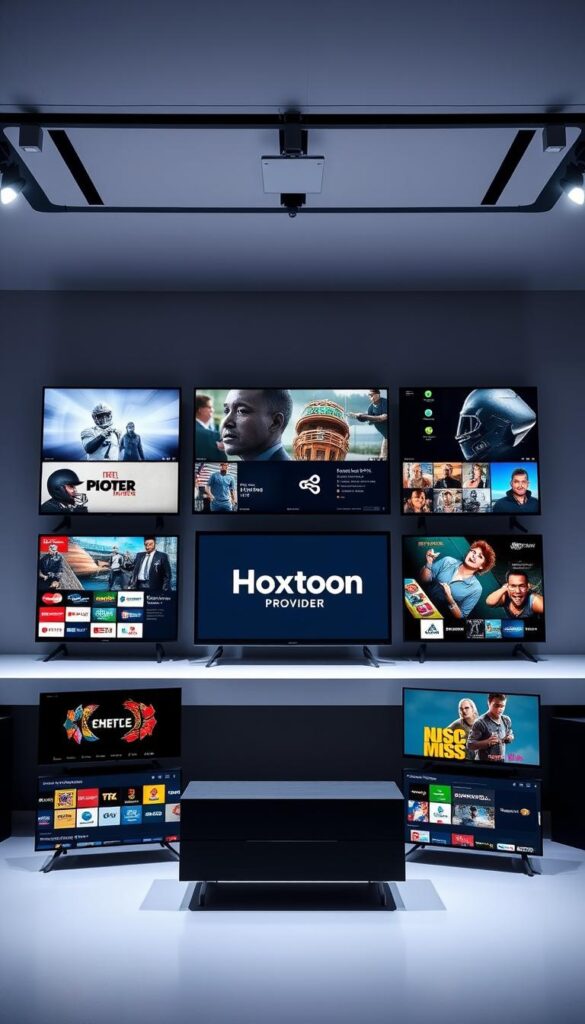 A professional, well-lit studio shot of the top legal IPTV services in the USA, with the Hoxtoon Provider brand prominently featured in the center. The services are displayed in a clean, organized grid layout, showcasing their diverse channel offerings and user-friendly interfaces. The scene has a modern, tech-savvy atmosphere, with soft lighting and a minimalist, high-contrast background that allows the IPTV services to stand out. The overall composition emphasizes the breadth and quality of the Hoxtoon Provider's IPTV service, positioning it as a leading option among the best legal IPTV providers in the USA.