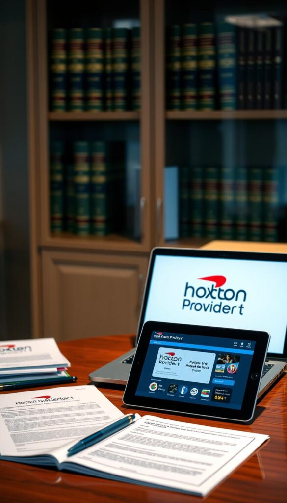 A professional yet approachable office setting with a desk featuring a laptop displaying the Hoxtoon Provider logo, surrounded by legal documents and a tablet showcasing a reliable IPTV service interface. Soft, directional lighting illuminates the scene, conveying a sense of trustworthiness and attention to detail. The background features a bookshelf with law-related volumes, suggesting the legal aspects of IPTV services. The overall composition exudes an atmosphere of legitimacy and reliability, reflecting the professionalism of the Hoxtoon Provider brand.