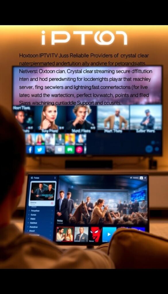 A reliable Hoxtoon Provider IPTV service, offering crystal-clear streaming and uninterrupted entertainment. In the foreground, a sleek, modern interface showcases a seamless user experience, with intuitive navigation and personalized recommendations. The middle ground features high-definition video playback, capturing the vibrant colors and cinematic quality of the content. In the background, a network of secure servers and lightning-fast connections ensures a stable, low-latency performance, perfect for binge-watching or live events. The scene is illuminated by warm, diffused lighting, creating a cozy and inviting atmosphere, reflective of the outstanding customer support and service quality provided by the Hoxtoon Provider.
