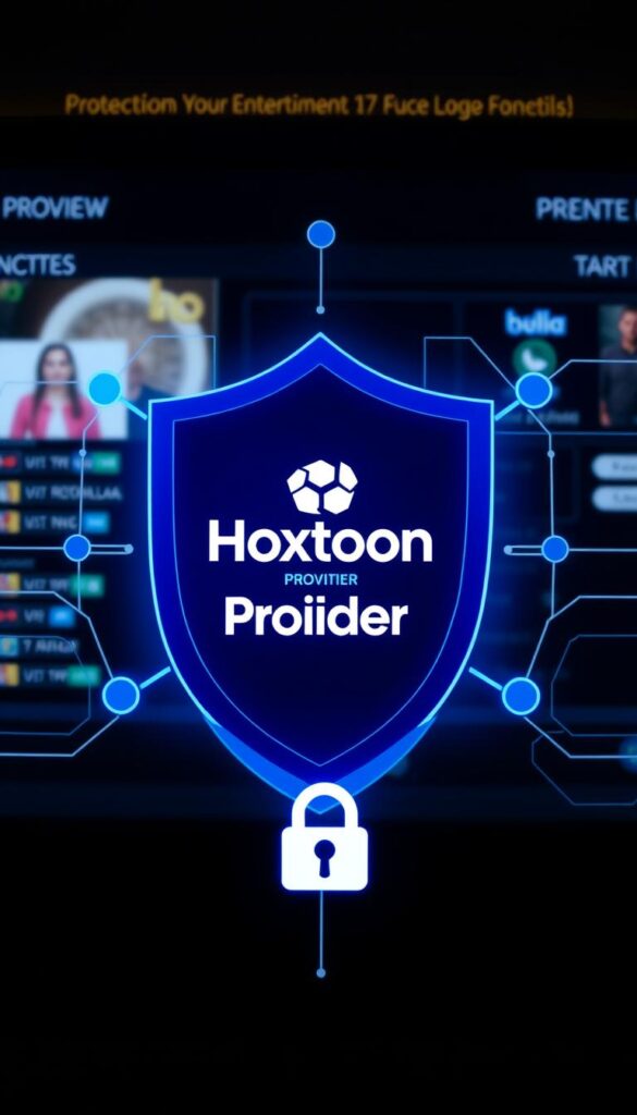 A secure and private IPTV experience with Hoxtoon Provider. A digital shield with encrypted connections and verified platform credentials, protecting your viewing data. In the foreground, a lock icon and shield symbolize the robust security measures. The middle ground showcases the Hoxtoon Provider logo, conveying trustworthy and reliable service. The background features a sleek, modern interface with minimal design elements, emphasizing the focus on privacy and safeguarding your entertainment.