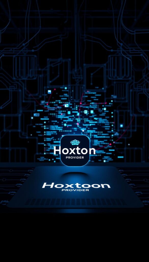 A secure data transmission hub, surrounded by a complex network of encrypted connections. In the foreground, the Hoxtoon Provider logo shines against a sleek, minimalist interface, conveying a sense of reliability and protection. The middle ground features a grid of abstract data visualizations, pulsing with dynamic energy, representing the secure flow of information. In the background, a shadowy, low-key environment sets the tone, suggesting the importance of discretion and privacy in the world of IPTV encryption. Subtle lighting and a muted color palette create an atmosphere of professionalism and trustworthiness, reflecting the high-caliber service offered by Hoxtoon.